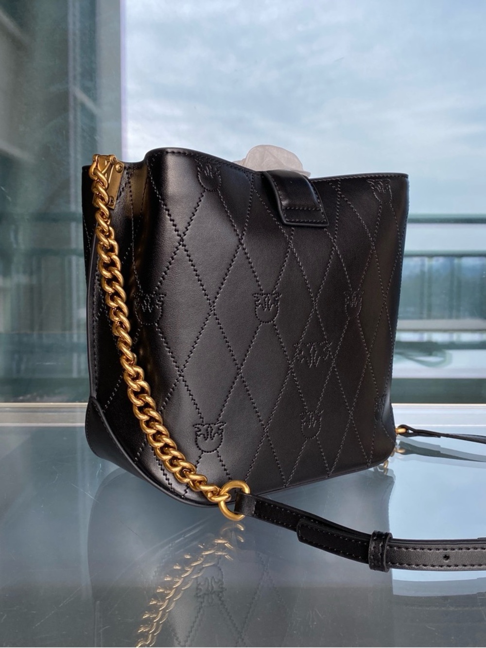 Pinko Black Quilted Leather Crossbody with Gold Love Birds Hardware - Picture 5 of 9